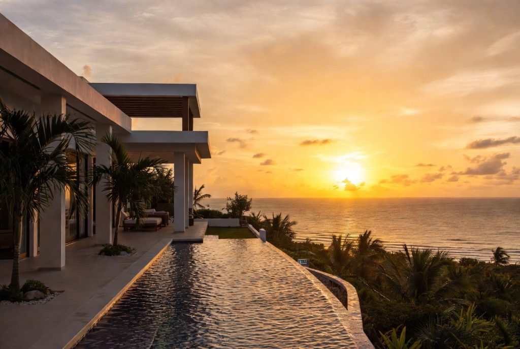 Luxury private infinity pool villa at golden hour sunset overlooking the Caribbean Sea in Puerto Plata, Dominican Republic